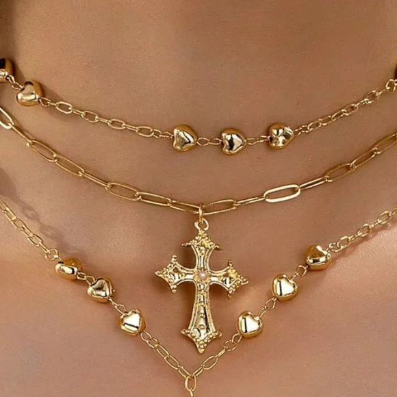 Cross Three pieces Necklace Set in Gold Color - Picture 2 of 4